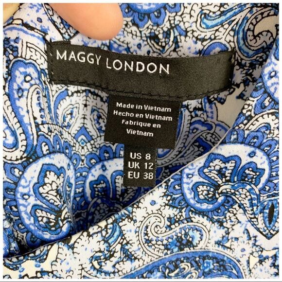 Maggy London Sleeveless Dress | Fit‎ and Flare Blue White 8 - Picture 11 of 14